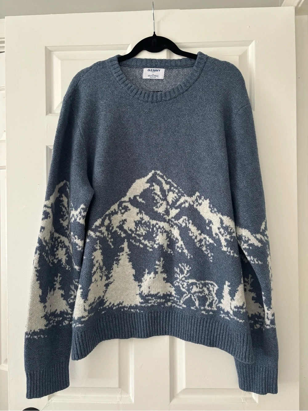 Old Navy Men’s Blue and Cream Mountain Scene Crewneck Sweater